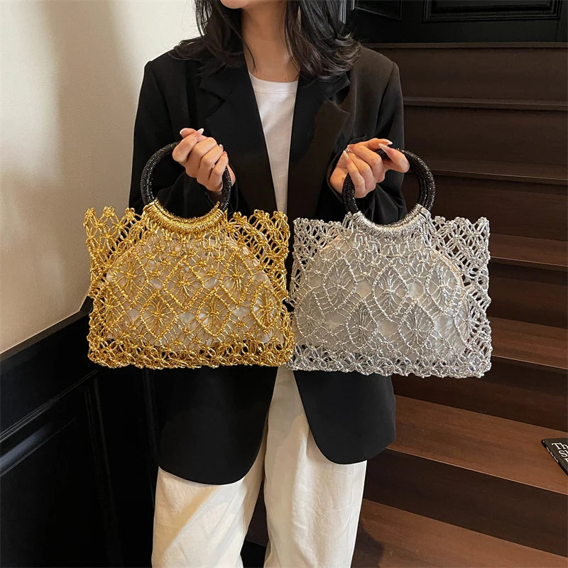Handmade Woven Round Handle Handbag | Eco-Friendly Craft Paper Luxury Designer Bag | Hollow-Out Metallic Golden & Silver Top-Handle Tote | Sustainable Fashion Composite Bag Luxegan