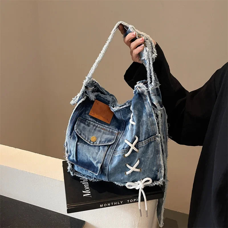 Washed Denim Shoulder Bag for Women Handbags | Large Capacity Female Messenger Bags | Soft Jeans Casual Big Totes Shopping Bag Luxegan