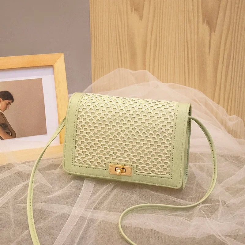 New Fashion Women’s Messenger Bag | Trendy All-Match Small Square Mesh Bag | Sophisticated Hit-Color One-Shoulder Mobile Phone Bag | Elegant TPU Satchel with Criss-Cross Detail Luxegan