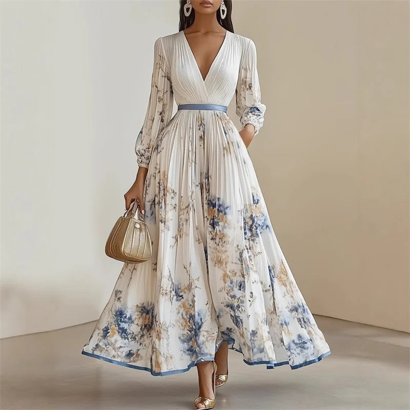 Women's Elegant Spring Summer Maxi Holiday Dress | Sexy V-Neck Printed Long Sleeve Big Swing Gown | Bohemian Slim Fit Ankle-Length A-Line Dress | Premium Tatting Non-Stretch Luxegan