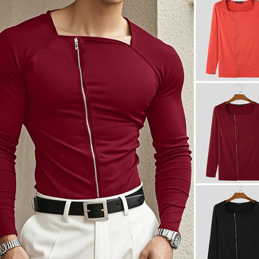 Square Neck Knitted Zipper T-Shirt | Sophisticated Long-Sleeved Camiseta Silhouette | Elegant "Zipper Detail" Spring and Summer Top | "Dignified" Solid Broadcloth Tee for Radiant Versatile Styling Luxegan