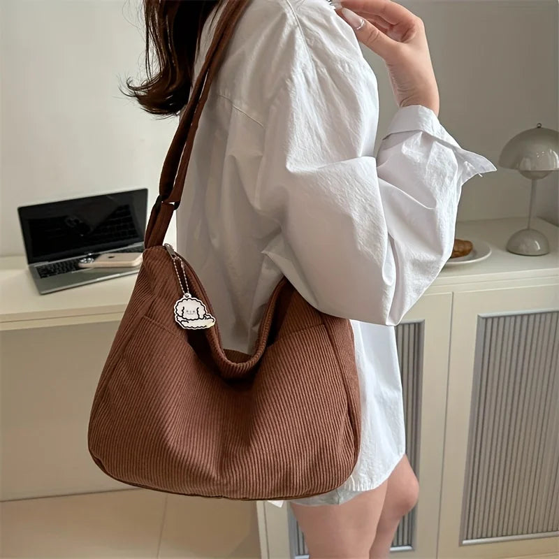 Women's Corduroy Shoulder Bag | Casual Striped Large Capacity Tote with Zipper (Cute Hat Patch, Everyday Use) Luxegan