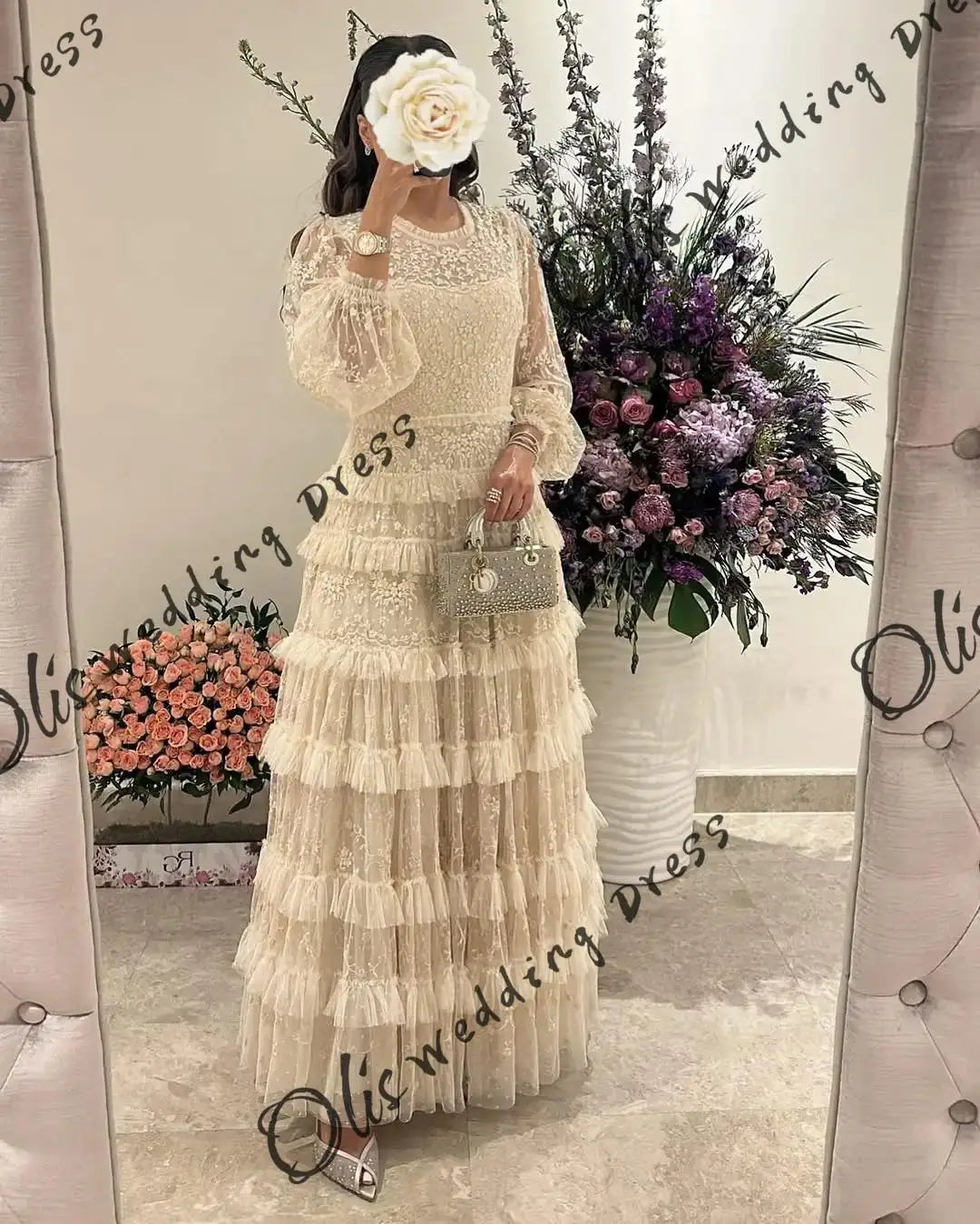 customized Long Sleeves Prom Dresses O-Neck Lace Floor Length Pleated Party Dresses Evening Dresses2025