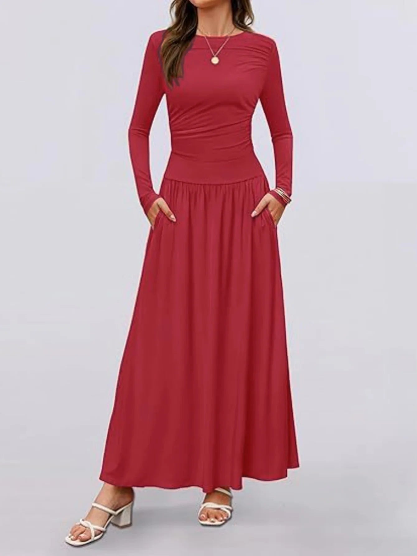 Autumn New Arrivals Long Sleeve Maxi Dress | Comfortable High-Stretch Ruched Detail Long Gown | Elegant O-Neck Solid Color Multi-Color A-Line Dress | Premium Tatting Regular Fit Ankle-Length Everyday Wear Luxegan