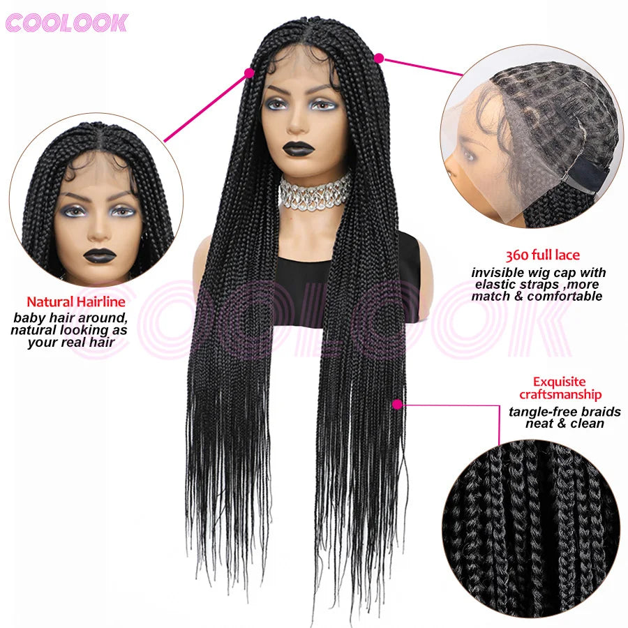 36 Inch Knotless Box Braids Cornrow Wig | 360 Full Lace | Square Parts