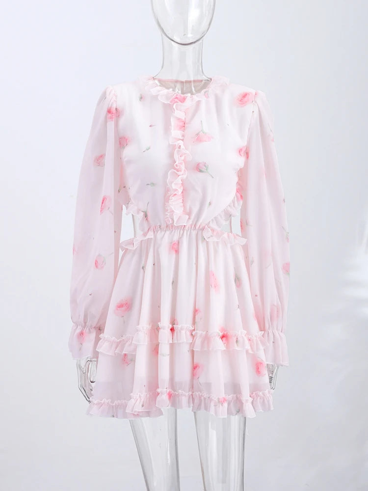 Print Long Puff Sleeve Ruffle Hem Mini Dress – 3 Style Options, Spring/Summer Luxegan
