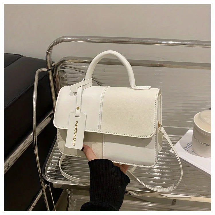 Elegant Geometric Patchwork Satchel Handbag | Vintage PU Leather Crossbody Shoulder Bag | Versatile Soft Tote with Snap Buckle Closure | Everyday Fashion Accessory for Women Luxegan