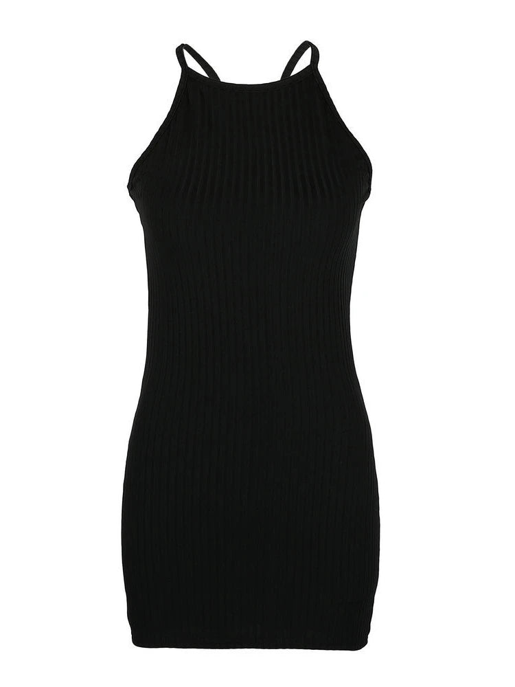 Halter Neck Ribbed Backless Bodycon Mini Dress | Sleeveless Skinny Sexy Club Party Dress Luxegan