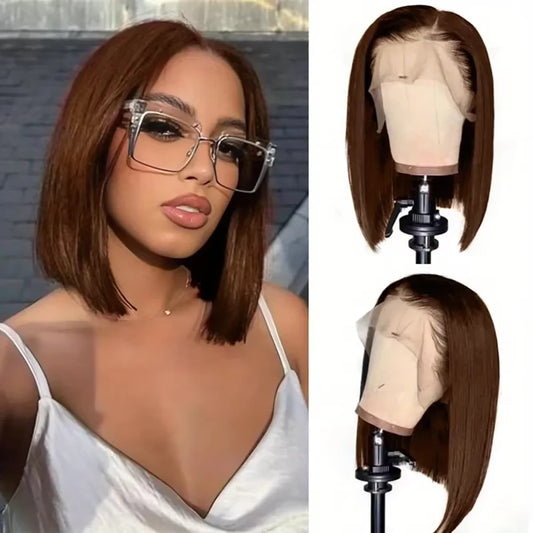 14-Inch Chocolate Brown Straight Bob Wig | Sophisticated 220% Density HD Transparent Lace Frontal | Elegant "Short Bob" Silhouette | "Dignified" Pre-Plucked Brazilian Remy Human Hair for Radiant Versatile Styling Luxegan