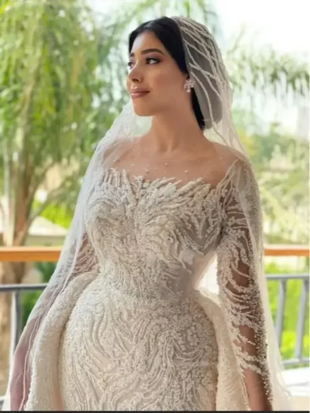 Customized Long Sleeve Mermaid Wedding Gown | Sophisticated "Luxury Sequined" Silhouette | Beaded Bridal Dress with Detachable Train | "Dignified" High-Performance Tulle Vestidos for Radiant Versatile Styling Luxegan