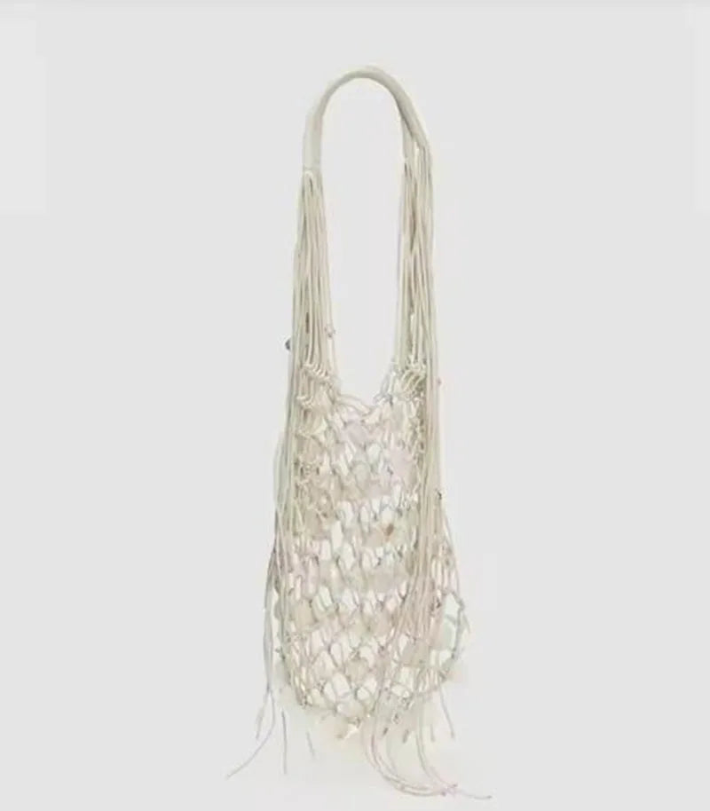 Handmade Woven Shell Bucket Bag | Sophisticated "Wooden Handle" Silhouette | Elegant Embroidery Tassel Handbag | "Dignified" High-Performance Cotton Essential for Radiant Versatile Styling Luxegan