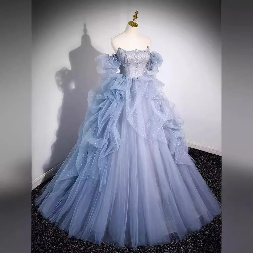 Women's Amazing Ready-to-Wear Prom Dress | Extra Fluffy Long Gala Gown | Elegant Strapless Lace Party Dress for Photo Shoots | Premium Tatting All-Season Ball Gown Luxegan