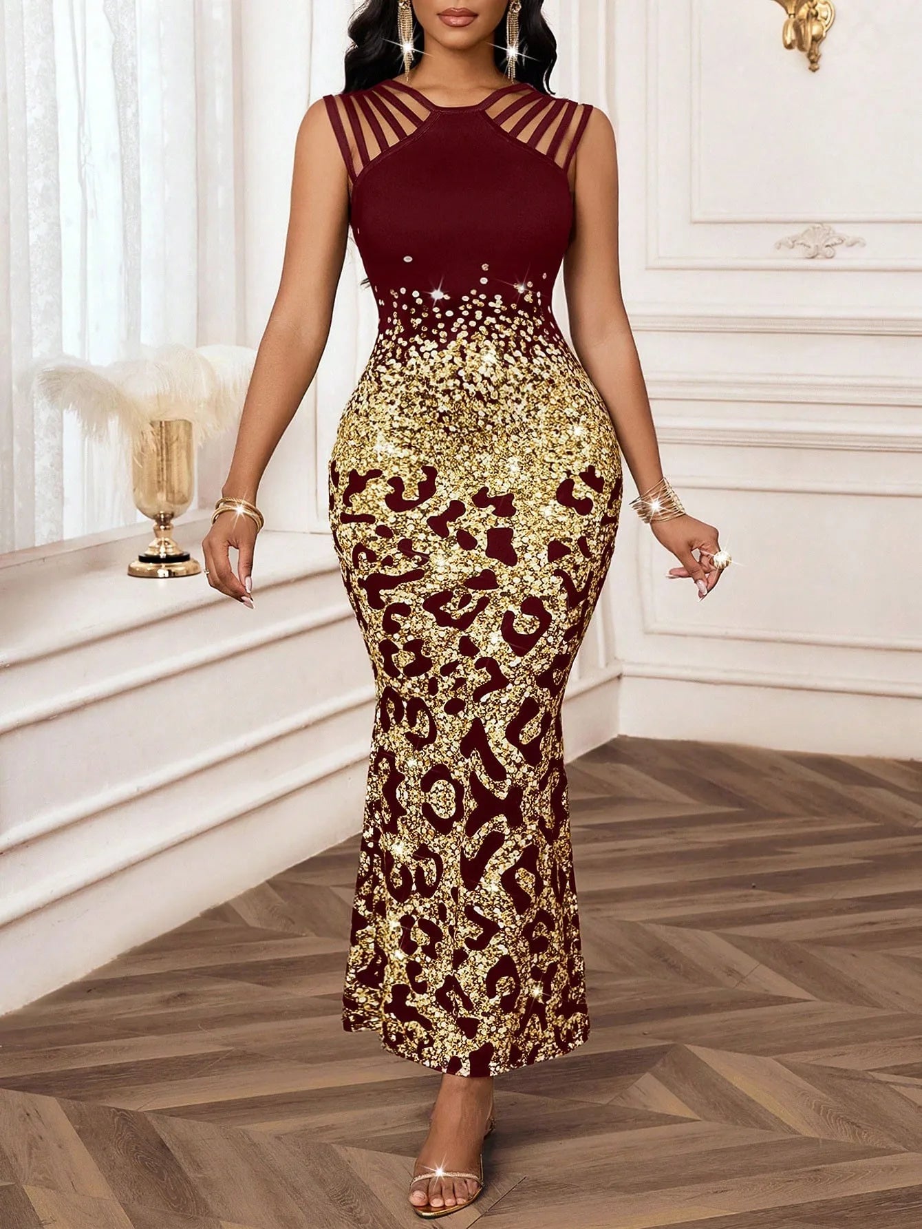 Sleeveless Printed Knit A-Line Ankle-Length Maxi Dress | Elegant Special Occasion Dress Luxegan