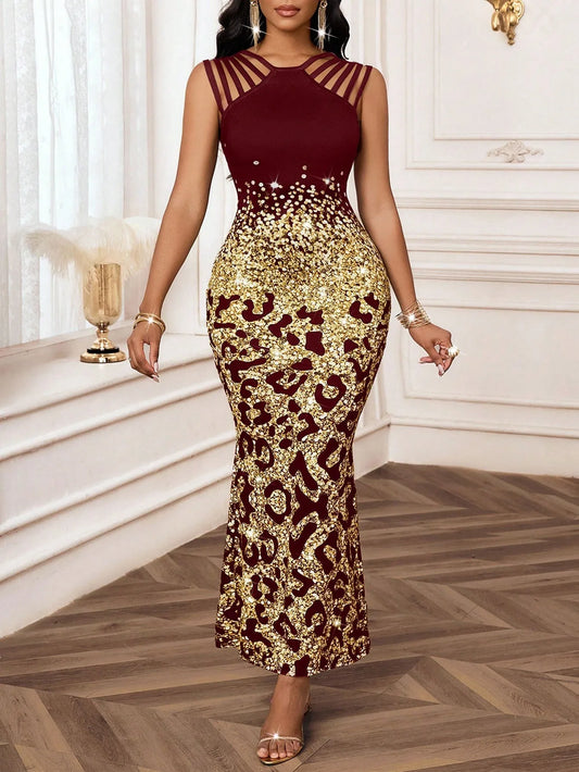 Sleeveless Printed Knit A-Line Ankle-Length Maxi Dress | Elegant Special Occasion Dress Luxegan