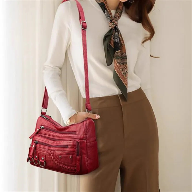 Vintage PU Leather Crossbody Bag | Retro Multi-Layer Shoulder Bag for Women | Sophisticated Classic Fashion Handbag & Purse | Elegant Work & Travel Messenger Bag with "Dignified" Letter Detail Luxegan