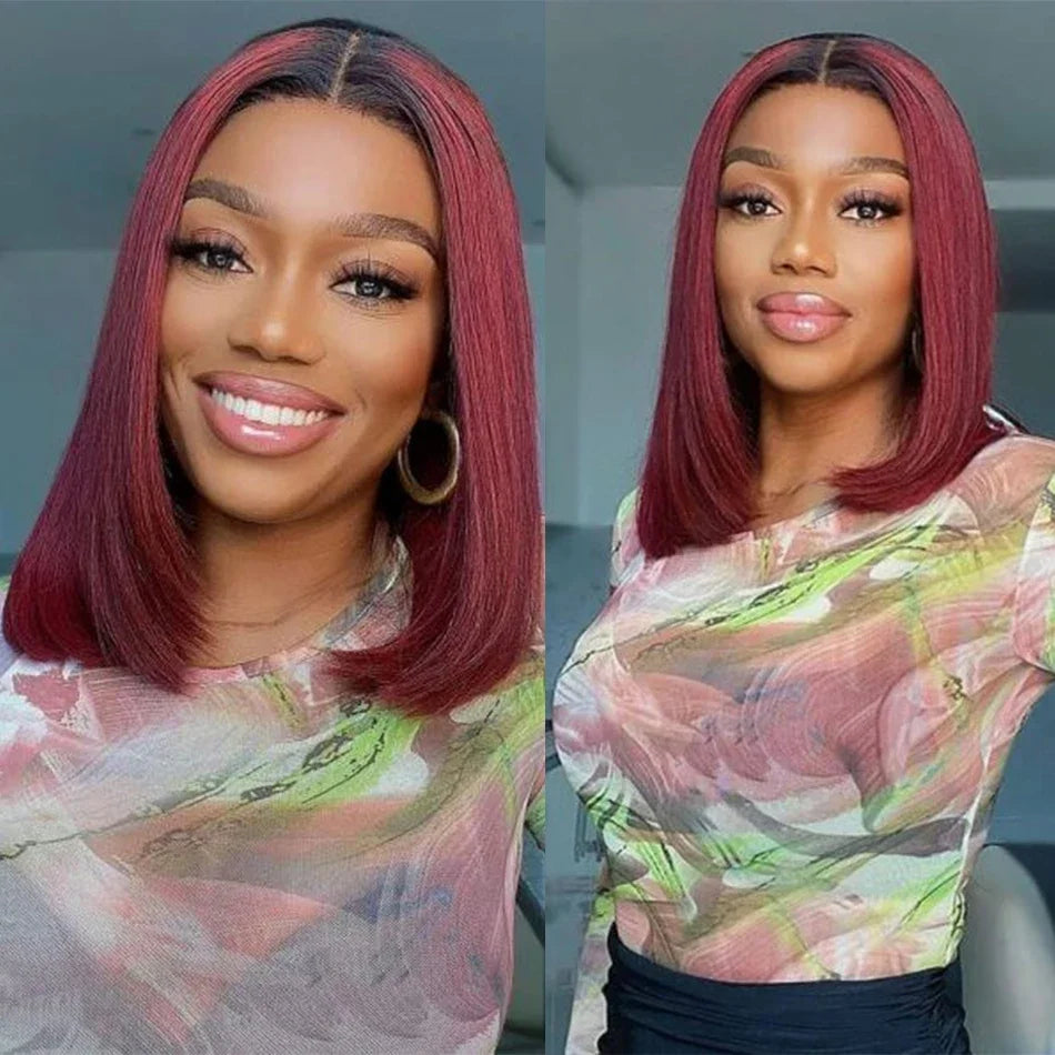 #1B/99J Ombre Burgundy Bone Straight Human Hair Bundles | 100% Brazilian Remy Virgin Hair Extensions | Machine Double Weft Wine Red Hair Weaving (1 / 3 / 4 Pcs Multipack) Luxegan