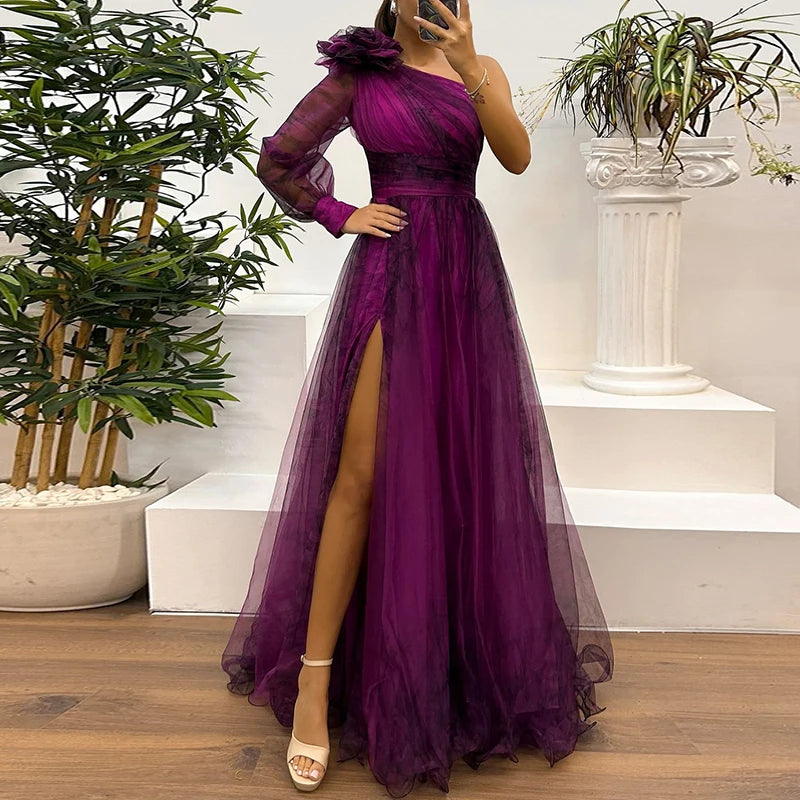 Women's Vintage Pattern Printed High Waist Long Dress | Sexy Asymmetric Mesh Evening Gown | Elegant One-Shoulder Full Sleeve Pleated Bridesmaid Dress | Loose Fit Ankle-Length Model 47881 Luxegan