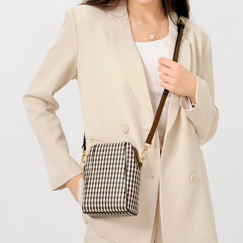 High-Quality Houndstooth Crossbody | Sophisticated Letter-Printed Shoulder Handbag | Elegant Small Square Bag | "Dignified" Soft Multifunctional Tote for Versatile Styling Luxegan