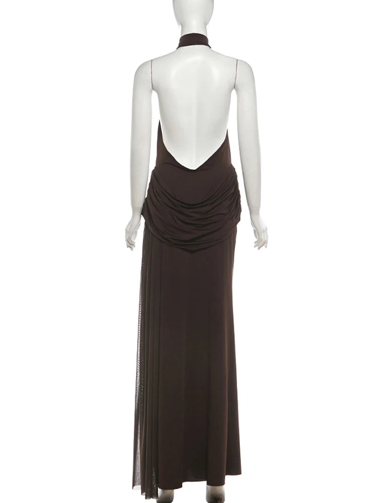 Nibber Backless Maxi Dress Women Halter Sleeveless High Side Slit Long Tassel Folds Solid High Elasticity Prom Party Vestidos