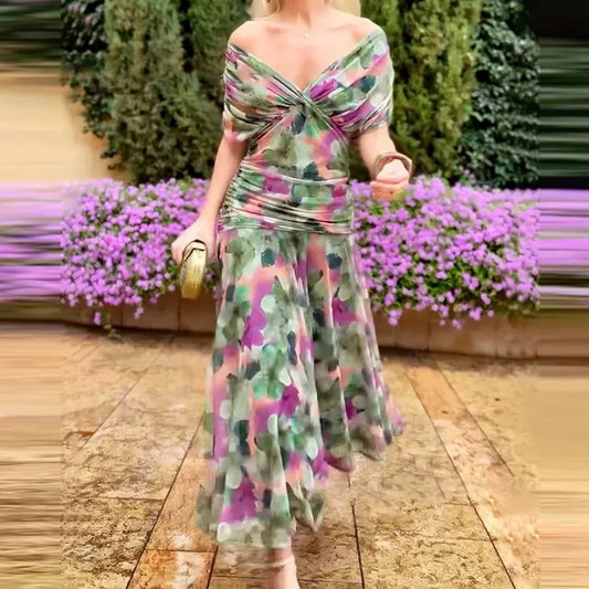 V-Neck Shawl Sleeve Pleated Maxi Dress | Floral Print Hollow Out High Waist Banquet Dress Luxegan