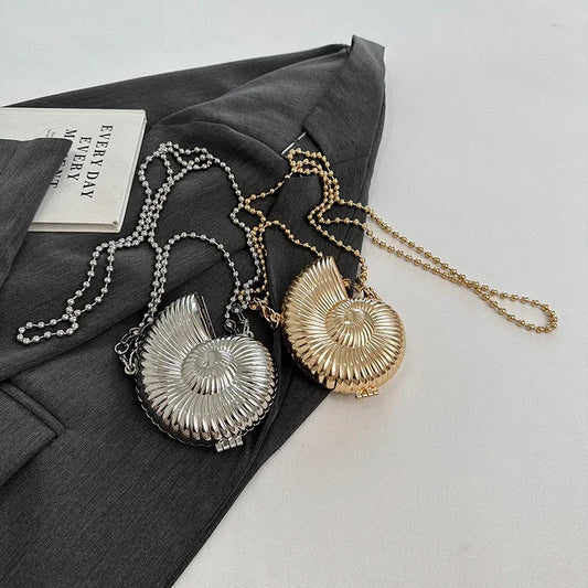 Hard Metallic Conch Shell Clutch | Metal Chain Crossbody Evening Bag Luxegan