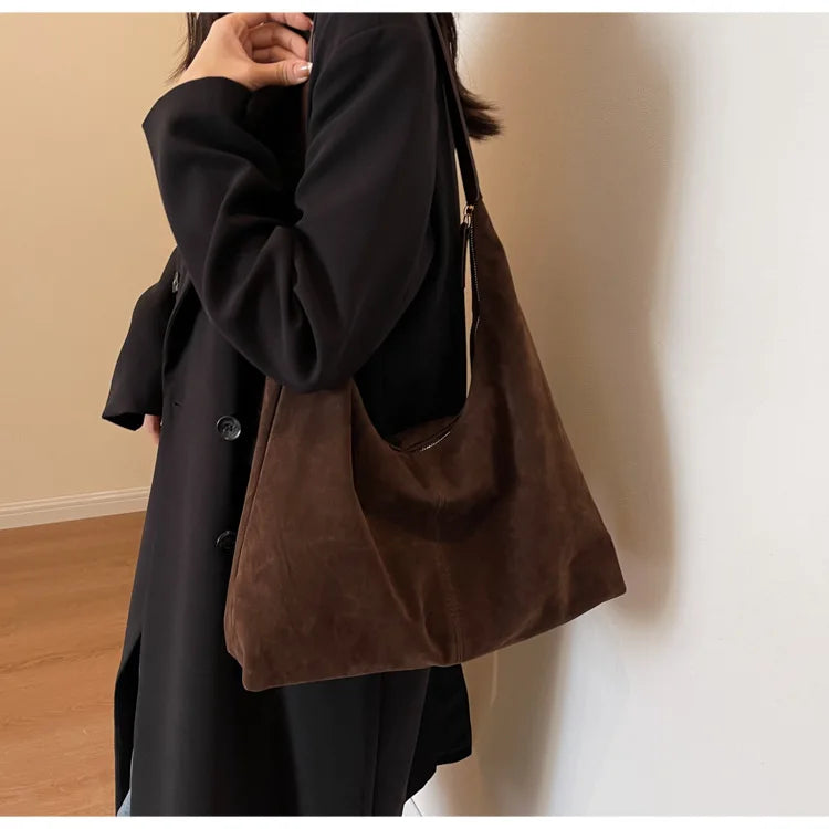 Suede Solid Casual Tote | Soft Vintage Large Capacity Commute Shoulder Bag Luxegan