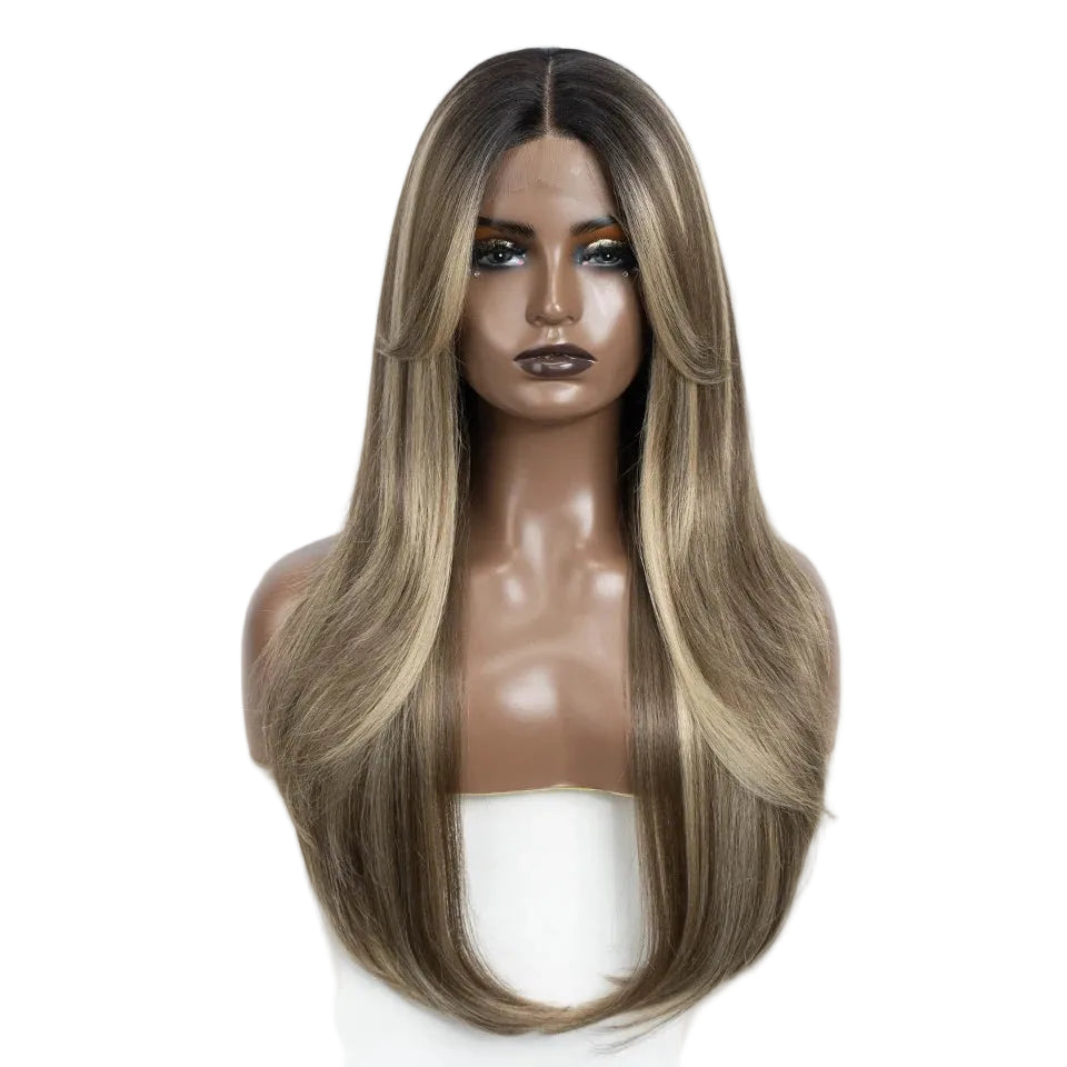 26-Inch Ombre Brown Highlight Blonde Synthetic Lace Front Wig with Bangs - Long Straight High Temperature Fiber Swiss Lace Wig - Transparent Lace Glueless Wig for Daily Use & Cosplay (197g) Luxegan