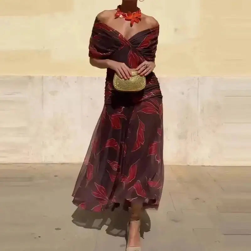 Women's Elegant Floral Print Pleat Party Dress | Bat Sleeve Swing Cocktail A-Line Dress | Korean Style Stand Neck Above-Knee Mini Gown | All-Season Loose Fit Straight Silhouette Model HPSW Luxegan