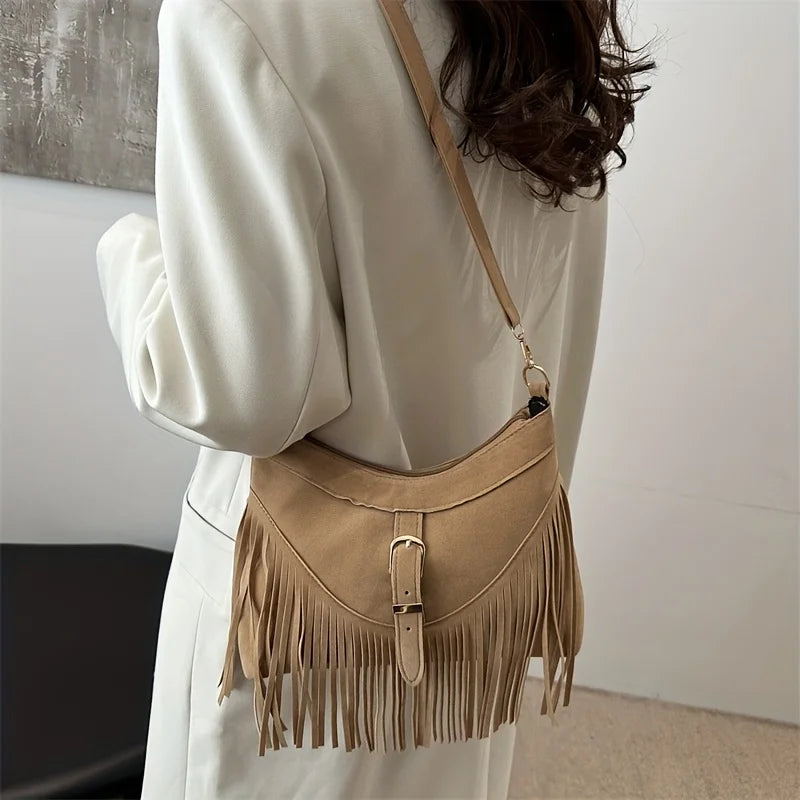 Women’s Vintage Faux Suede Messenger Bag | Western-Style Tassel Crossbody with Sequined Accents | Lightweight Fashion Satchel with Adjustable Detachable Strap Luxegan
