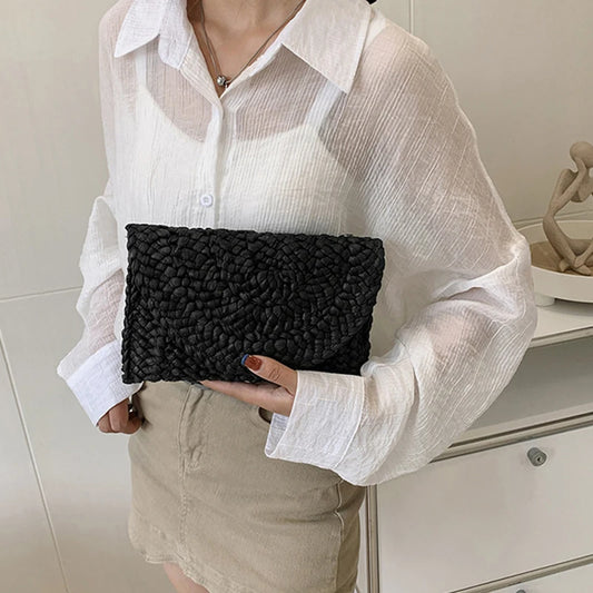 Artisan Corn-Husk Weave Dinner Clutch | Sophisticated Simple Straw Summer Purse | Elegant Embroidered Vacation Handbag | "Dignified" Soft Satchel Wallet for Versatile Seasonal Styling Luxegan