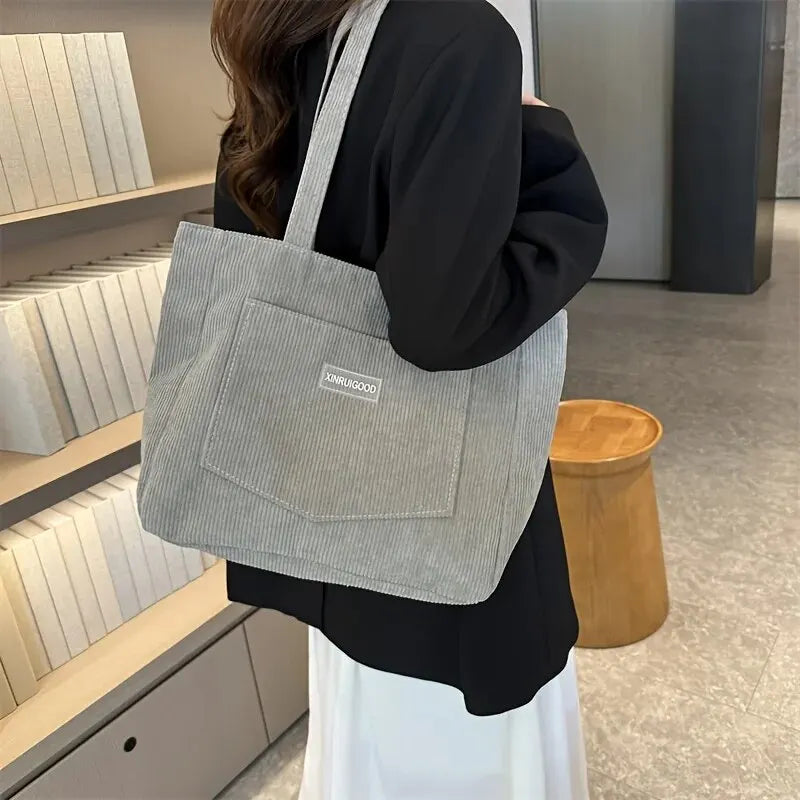 Corduroy Solid Casual Tote | Soft Trendy Large Capacity Shoulder Bag Luxegan