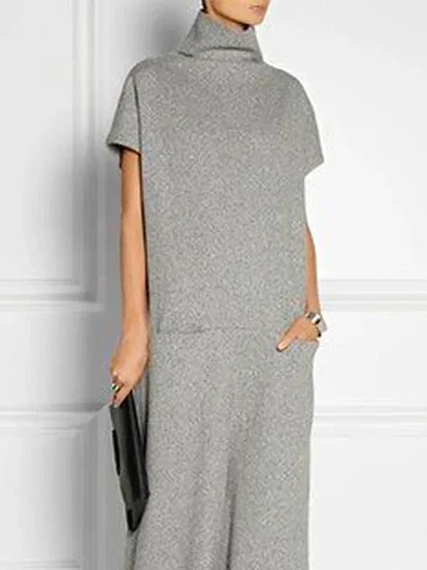 UOOZEE Women's Solid Color High Neck Pockets Elegant Maxi Dresses 2026 New Summer Short Sleeves Loose Urban Casual Long Dress