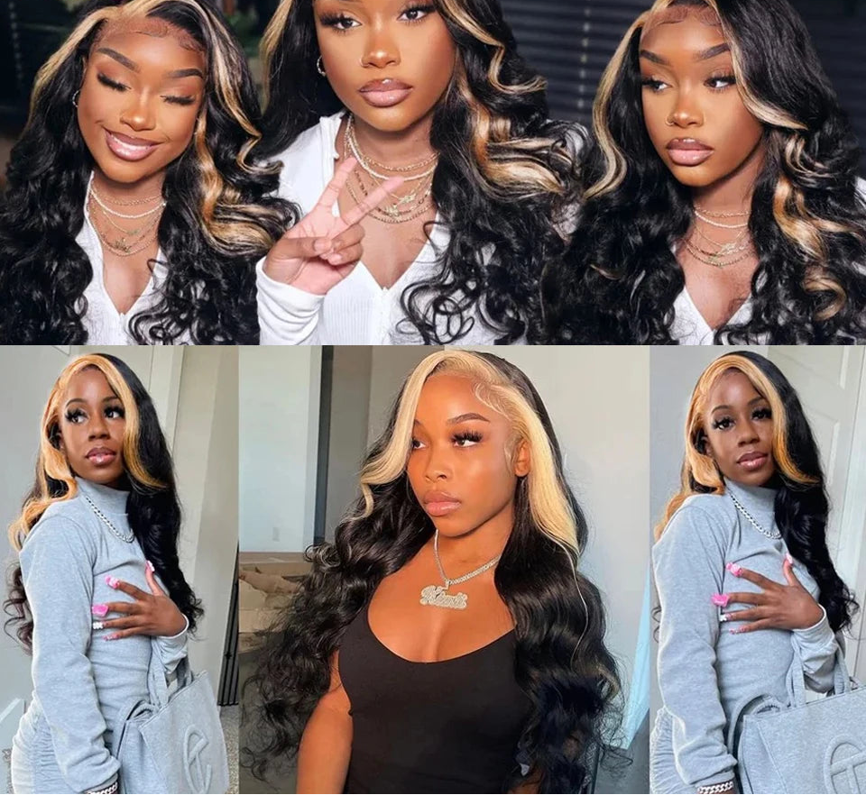 Ombre Highlight 1B/27 Body Wave Wig | Sophisticated 13x4 HD Transparent Lace Frontal | Elegant Honey Blonde Brazilian Human Hair | "Dignified" 26–42 Inch Pre-Plucked Remy Hair for Radiant Versatile Styling Luxegan