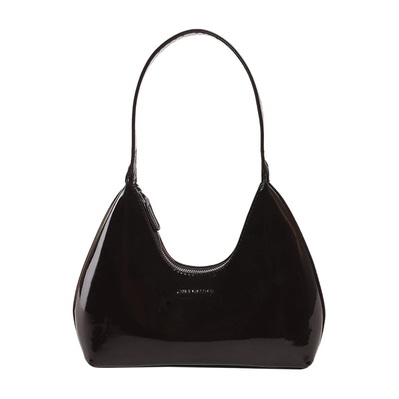 Designer Patent Leather Crescent Bag | Soft Solid Color Shoulder Tote Luxegan