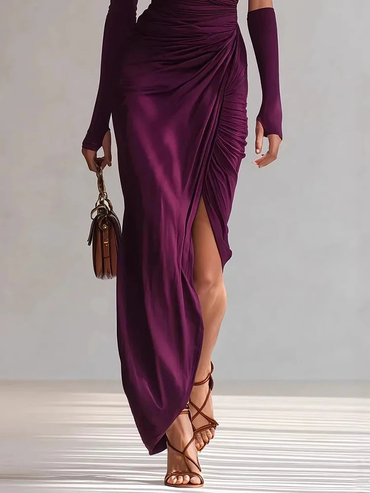 One-Shoulder Skew Collar Patchwork Maxi Dress | Solid A-Line Long Sleeve Elegant Holiday Party Dress Luxegan