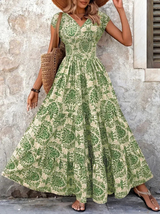 Women's Vintage Floral Printed Long Dress Jumpsuit | Elegant V-Neck Short-Sleeve Maxi | Slim-Fit Ankle-Length Office Lady Summer Gown Luxegan