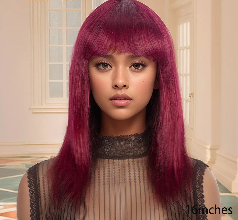 99J Wine Red Straight Bob Wig with Bangs | Full Machine Made Brazilian Remy Human Hair Luxegan