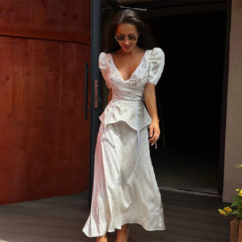 Organza Floral Printed Maxi Dress V-Neck  Puff Sleeve 2026 Spring/Summer Romantic Women Party Gown Fashion Elegant Lady Vestidos