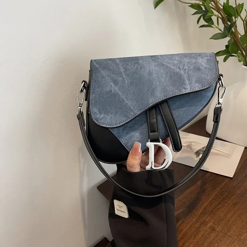 Denim-Look Contrast Saddle Bag | Fashionable Box Messenger Purse Luxegan