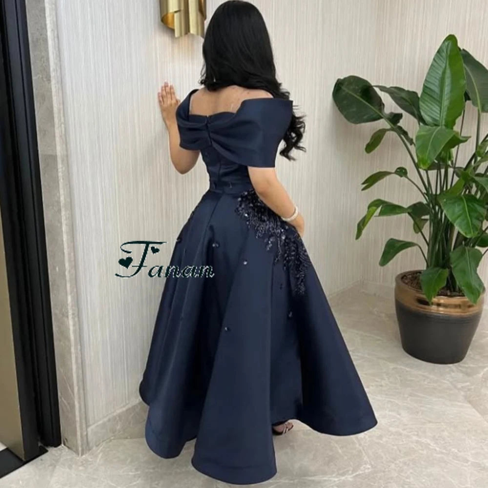 Navy Blue Off-The-Shoulder Satin Evening Dress | Elegant Flower Appliques Ankle-Length Prom Gown | Sleeveless Draped Formal Evening Party Dress Luxegan