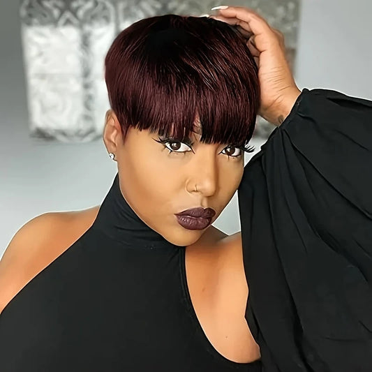 Pixie Cut Wig for Black Women – Straight Remy Human Hair | Short 6in | Bangs | Machine Made