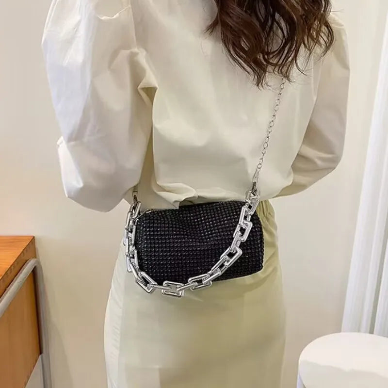 Allover Rhinestone Bucket Bag | Glitter Chain Prom Purse & Women's Mini Crossbody Bag (Sparkling Evening Handbag) Luxegan