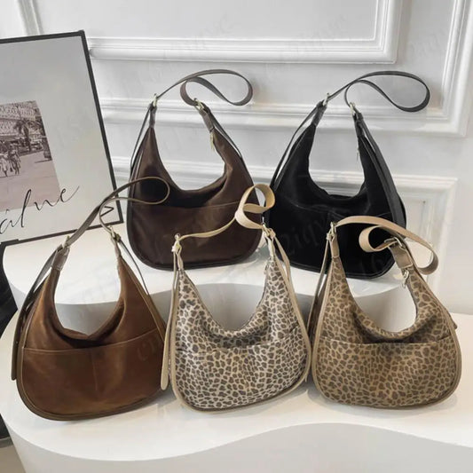 Women’s Leopard Print Faux Suede Crossbody Bag | Large Multi-Pocket Shoulder Tote | Trendy Leopard Pattern Hobo Messenger Bag | Versatile Soft Suede Handbag with Adjustable Strap Luxegan