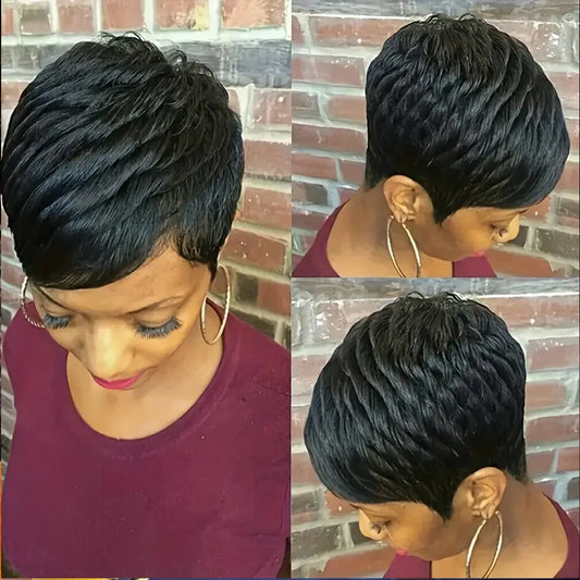 Short Pixie Cut Human Hair Wig | Fully Machine-Made Glueless Brazilian Remy Human Hair Wig | Textured Wave Pixie Bob in #350 Copper, 99J Burgundy, Brown, and Classic Black for Women Luxegan