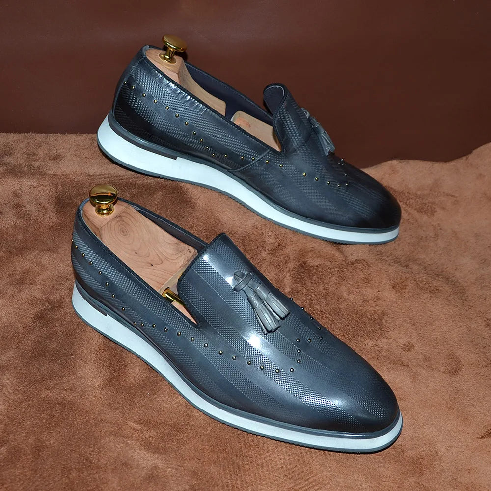 Classic European Gray Genuine Leather Loafers | Sophisticated Rivet & Tassel Accents | Elegant "Genuine Cow Leather" Silhouette | "Dignified" Sheepskin Insole & Non-Slip Rubber for Radiant Versatile Styling Luxegan