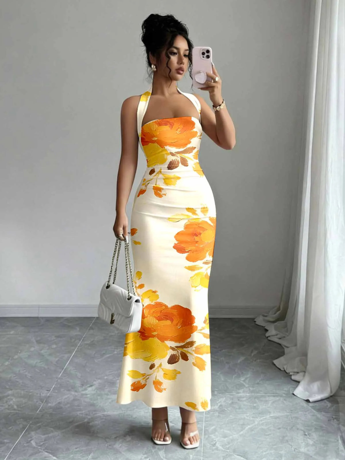 Print Slash Neck Spaghetti Strap Sleeveless Zip Detail Regular Fit Sheath Ankle-Length Dress – Slight Stretch Polyester-Elastane, Summer Luxegan