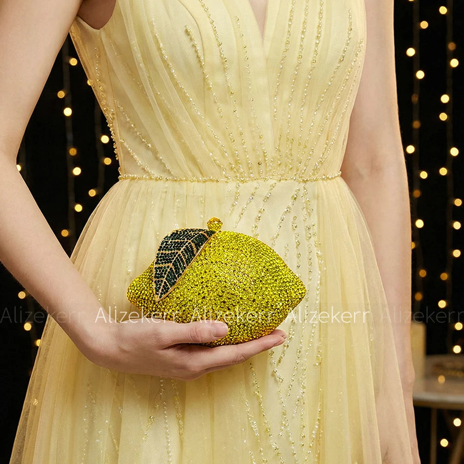 Gorgeous Lemon-Shaped Diamond Evening Bag | Unique Bling Rhinestone Metallic Purse | Luxury Crystal Wedding Party Handbag | Elegant Fruit-Shaped Dress Clutch for Women (Model AK-251115) Luxegan