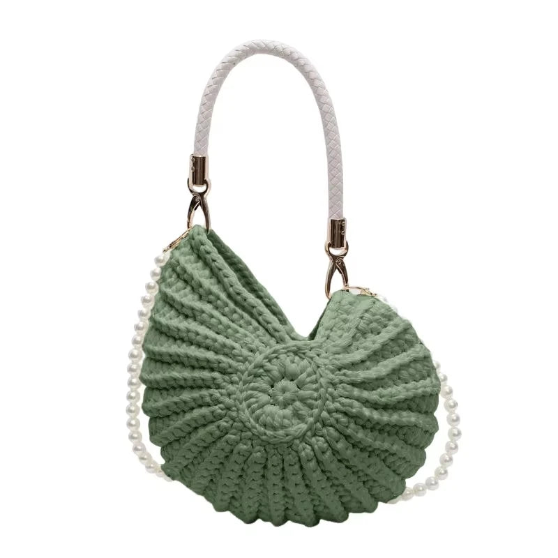 Crochet Conch Shell Bag | Elegant Pearl Chain Crossbody Purse Luxegan