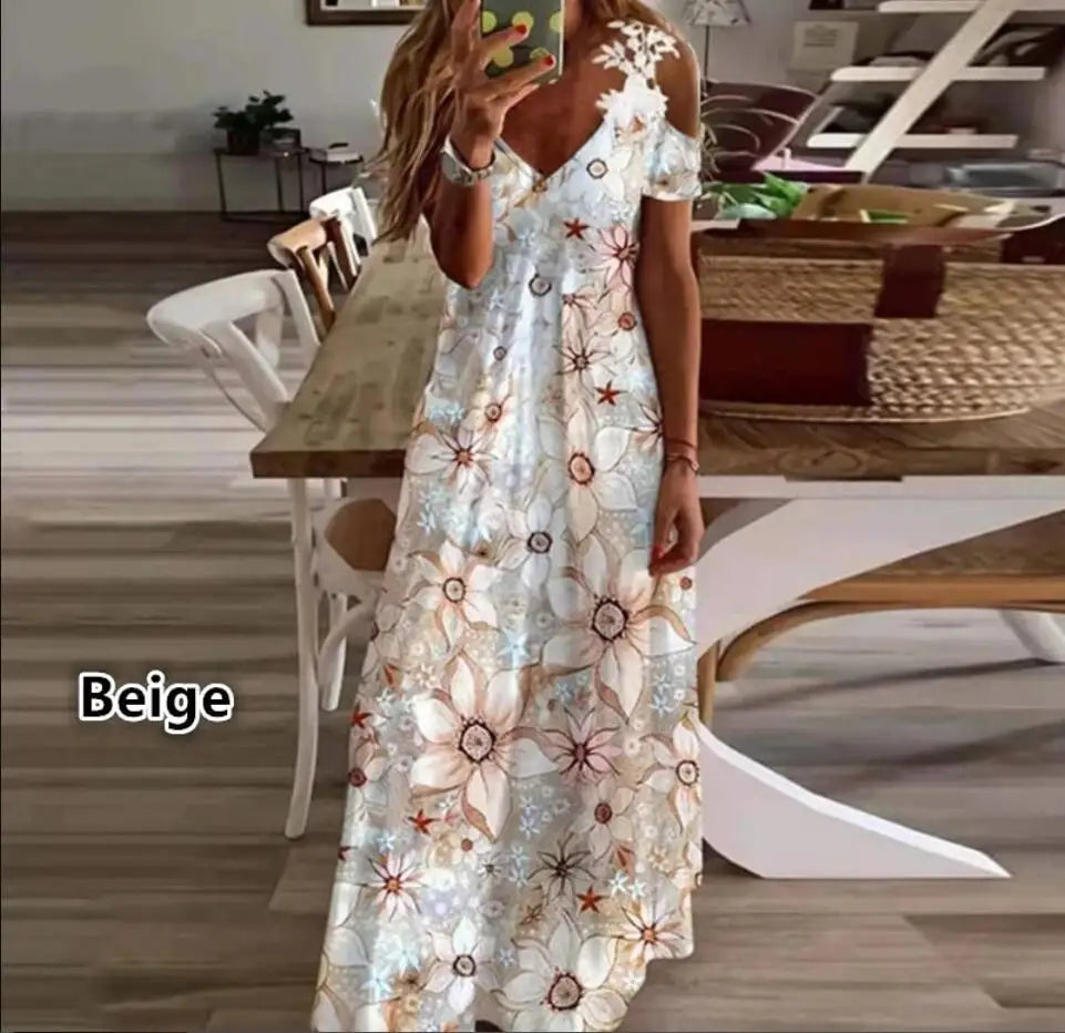 Floral V-Neck Spaghetti Strap Lace Detail Regular Fit A-Line Ankle-Length Dress – Brocade, Medium Stretch, Summer Luxegan