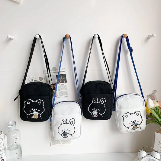 Cute Bear & Rabbit Print Crossbody Bag | Sophisticated Mini Canvas-Feel Square Purse | Elegant Cartoon Handbag for Women & Girls | Trendy Box-Shaped Shoulder Phone Bag with "Dignified" Soft Finish Luxegan